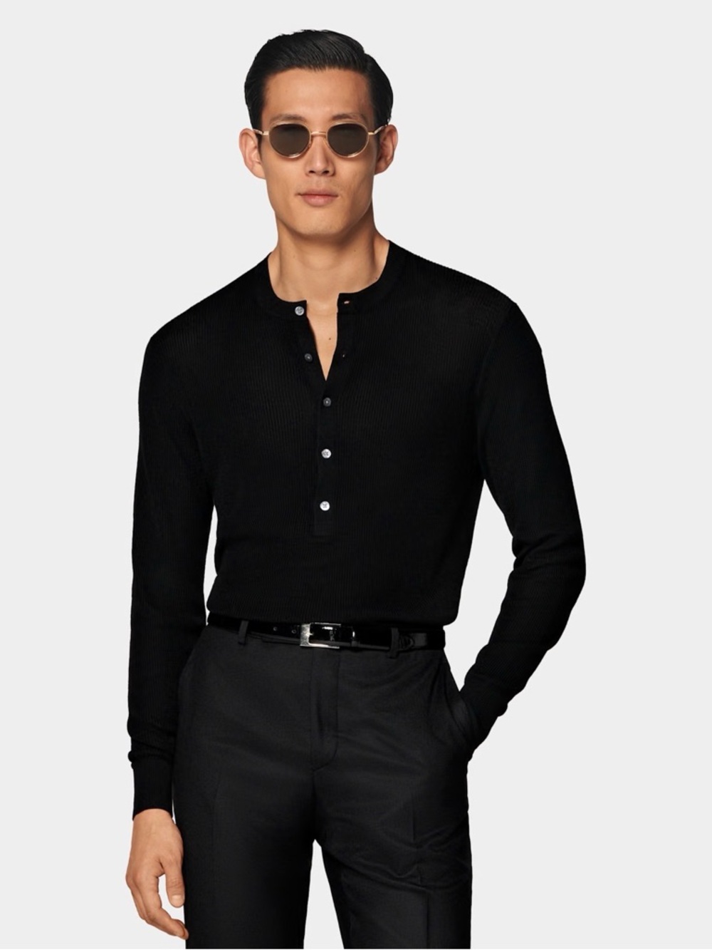 SuitSupply Pure 100% Wool Henley Ribbed Sweater
